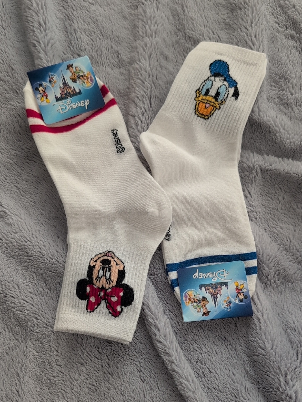 Disney White Crew Socks with Minnie Pink Accents and Donald Blue Details